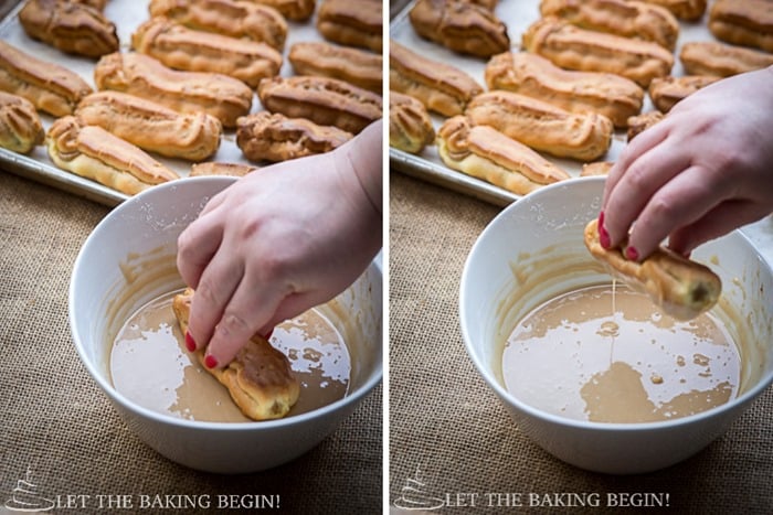 How to dip the coffee eclairs in the sweet maple glaze. 