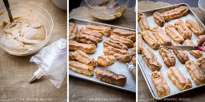 How to pipe the coffee eclairs. Baked eclairs on a baking sheet.