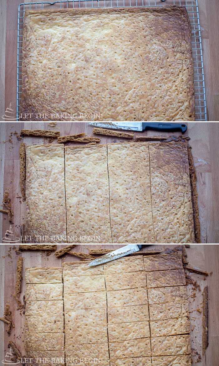 How to cut baked puff pastry into 28 equal rectangles.