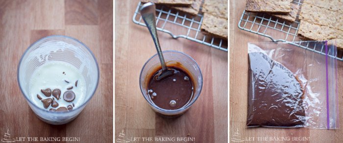 How to stir heavy cream and chocolate chips until smooth and transfer to a Ziploc bag. 