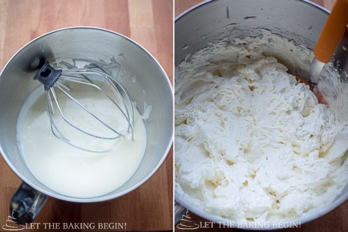 How to whisk white chocolate mixture until increased in volume and stiff.