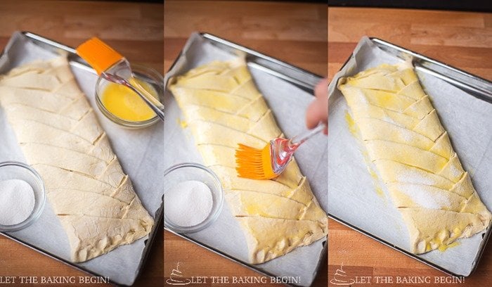 How to brush the frozen braid with egg wash on a parchment lined baking sheet. 