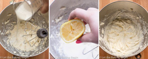 How to add heavy whipping cream, vanilla extract, and lemon juice to cream cheese until cream is fluffy and has increased in volume.
