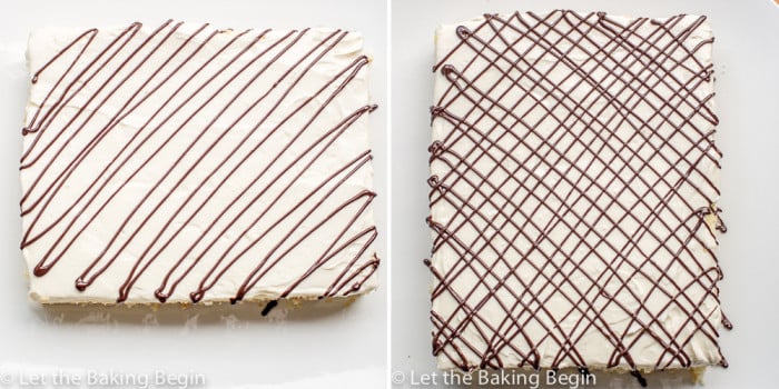  How to drizzle chocolate on top of cake in a zig-zag pattern over the cake.