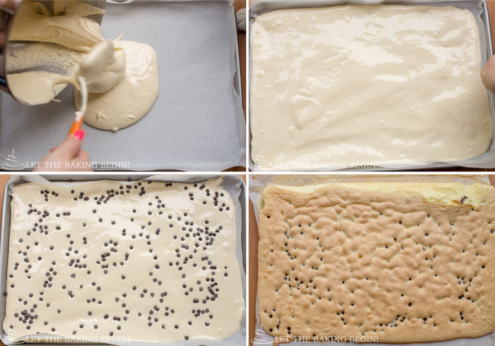 How to add sponge cake into parchment paper topped with chocolate chip morsels.