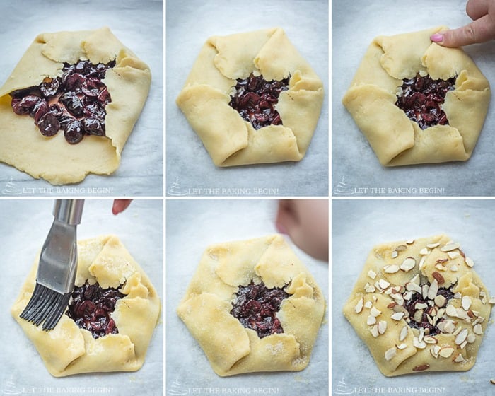 How to make a large more rustic looking galette by folding dough and brushing egg wash on it and topping them with sliced almonds. 