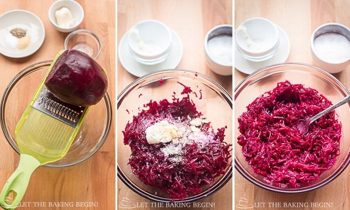 How to grate beets, add salt, garlic, vinegar, and mayo and stir.