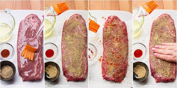 How to prepare steak with dry ingredients and olive oil.
