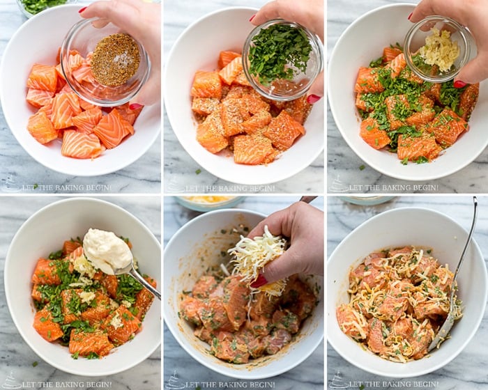 Step by step pictures of putting this Cheesy Parmesan Crusted Salmon Bake dish together.