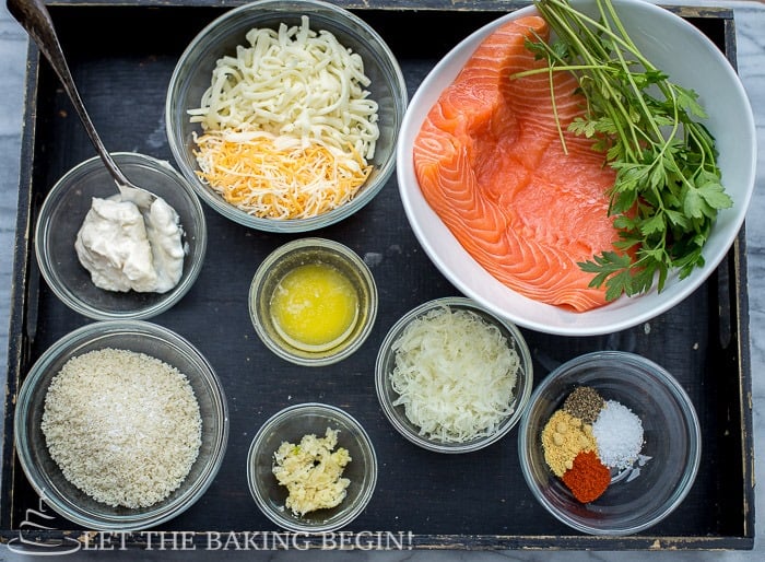 Ingredients for Cheesy Parmesan Crusted Salmon Bake recipe.