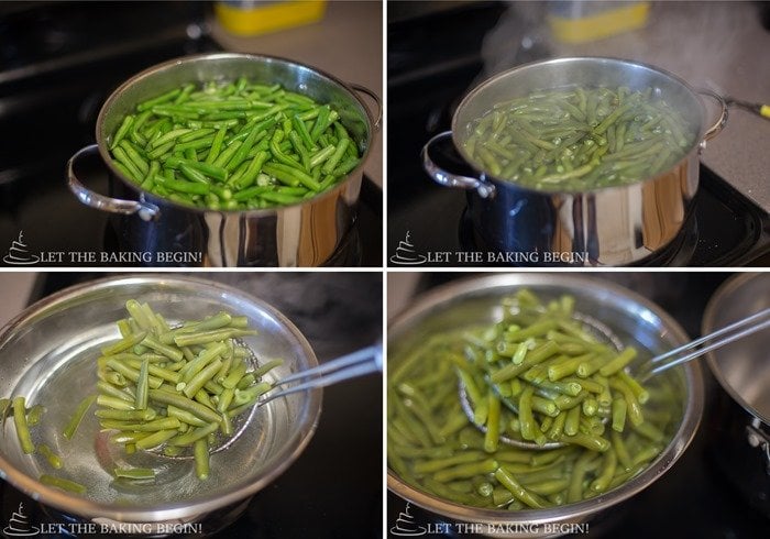 A great green bean recipe with a garlic Parmesan cream topped with fresh Parmesan cheese. 