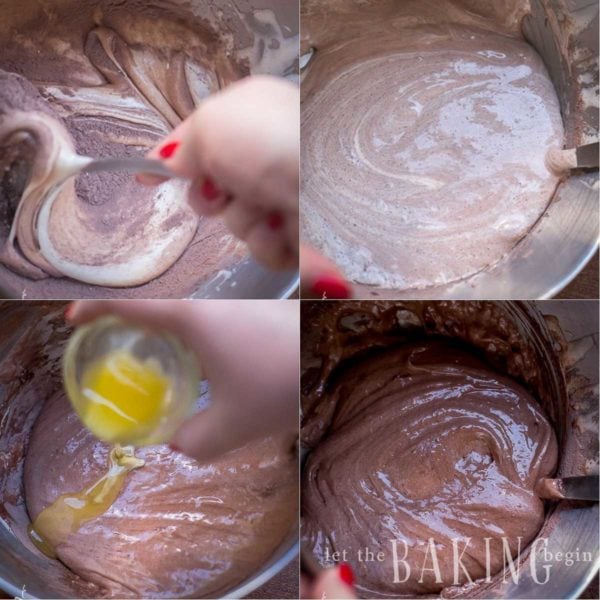 Folding on the dry ingredients into the sponge cake to make a moist chocolate cake recipe. 