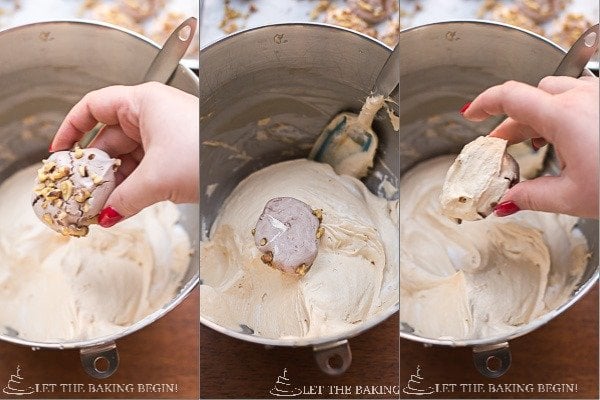 Covering the meringue cookies in the dulce de leche buttercream. 