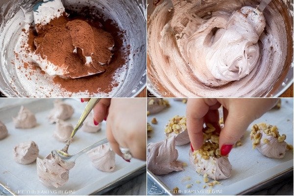 Adding the cocoa powder into the meringue mixture and topping it with walnuts. 