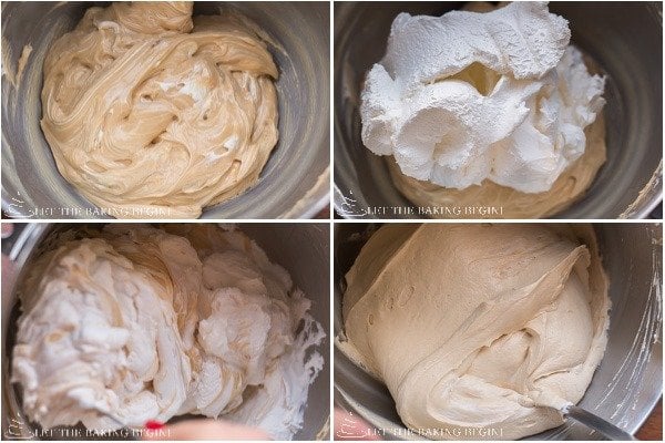 Adding the whipped cream into the dulce de leche buttercream. 