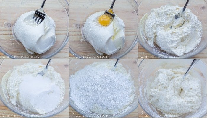 How to mix together egg, ricotta cheese, vanilla, sugar, flour, and baking powder together into a soft and tender pancake batter.