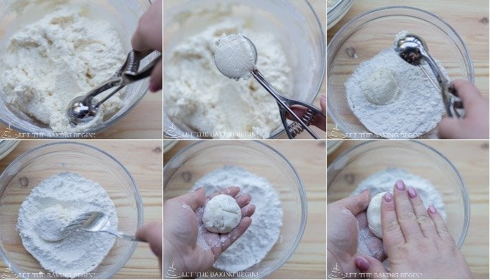 How to form pancake balls and coat in flour then shape into a flat pancake.