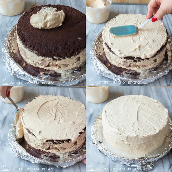 Covering the cake with dulce de leche buttercream frosting. 