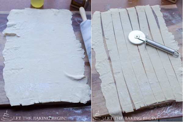 How to roll out thawed puff pastry sheet on a floured cutting board and cut into 8 even strips with a pizza cutter. 