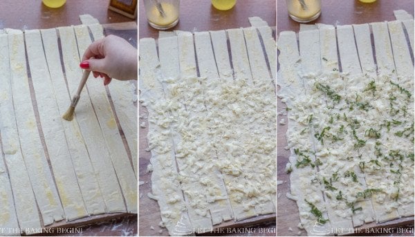 How to brush strips of dough with egg wash with a brush, sprinkle cheese, cheddar and garlic powder on the lower half of the puff pastry strips. 