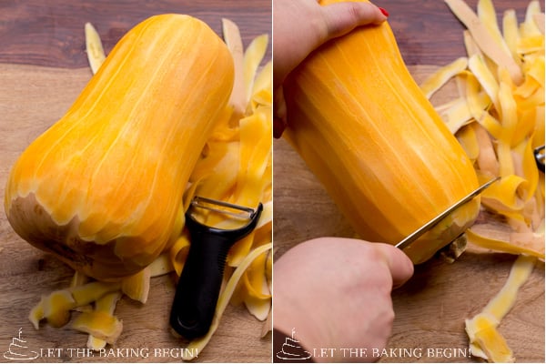 How to peel the butternut squash with a vegetable peeler. 