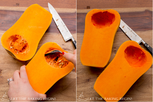 Cleaning out the center of the butternut squash with a spoon.
