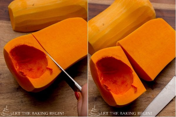 Cutting the butternut squash with a knife. 