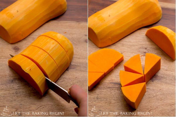 Butternut squash being cut into solid square with a knife. 