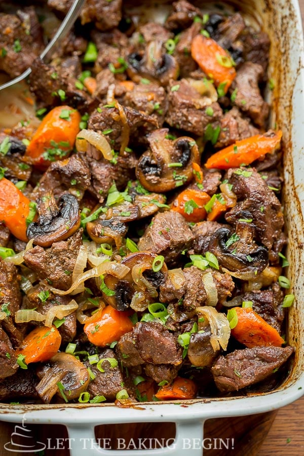 The beef roast recipe with Caramelized Onions and Mushrooms in a casserole dish.
