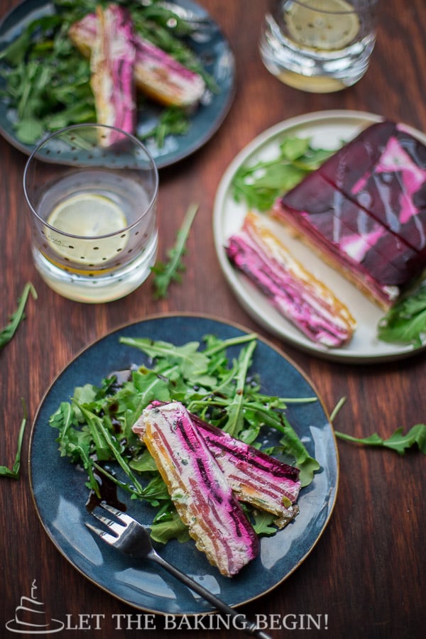 Beet and Herbed Goat Cheese Terrine - Goat cheese mixed with herbs and spices, then spread between layers of multicolored beets. | By Let the Baking Begin! 