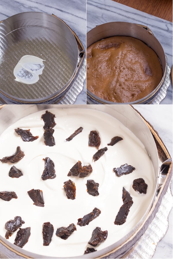 Assembling the chocolate cake with sour cream frosting and dried prunes. 