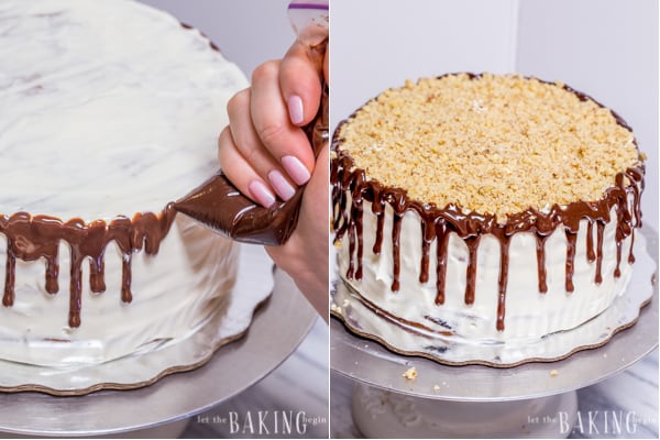 How to decorate the cake with chocolate drizzle and topped with chopped walnuts. 