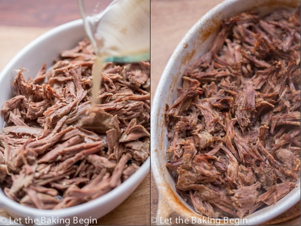 Beef shreds in a casserole dish with the reserved liquid. 