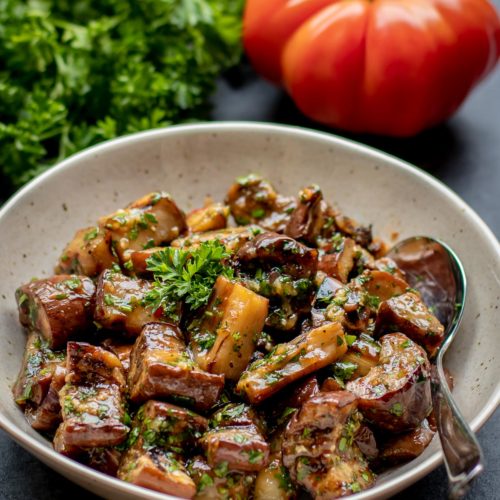 Grilled Eggplant in Sweet Chili Garlic Sauce - this simple eggplant recipe can be made with either stir-fried, grilled or roasted eggplants. Just cook the eggplant, then combine with garlic, sweet spicy chili sauce and herbs and you've got the best eggplant recipe out there.