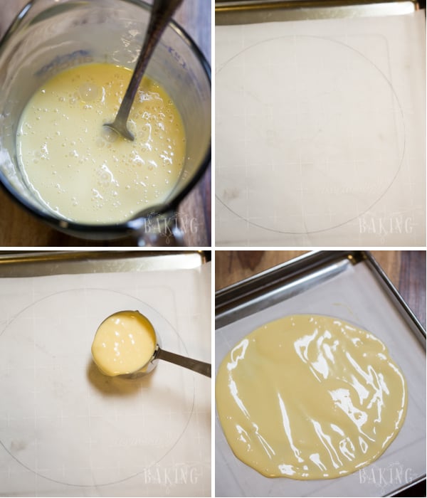 Step by step pictures on how to lay out the tres leches cake batter for baking into even layers.