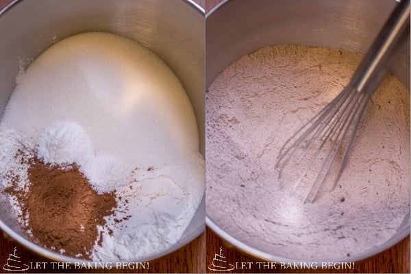 How to make red velvet cake dry ingredients my mixing in a bowl with a whisk.