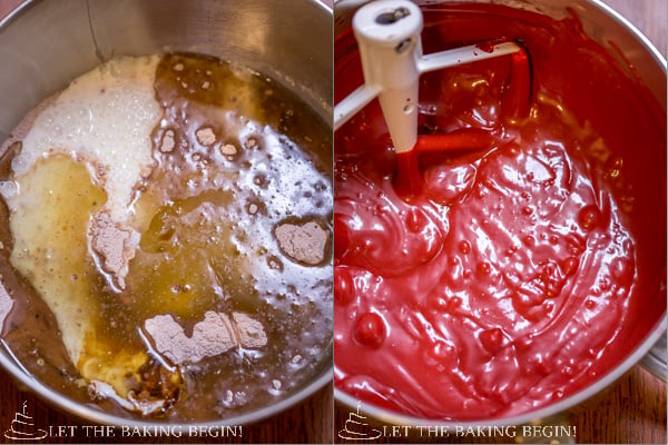 How to add red velvet cake wet ingredients to dry ingredients and mix in a whisking bowl.
