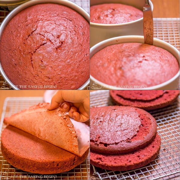 How to remove baked red velvet cake from pan and cut into two even slices.