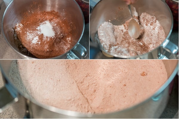 Dry ingredients mixed together in a bowl to make chocolate layers. 