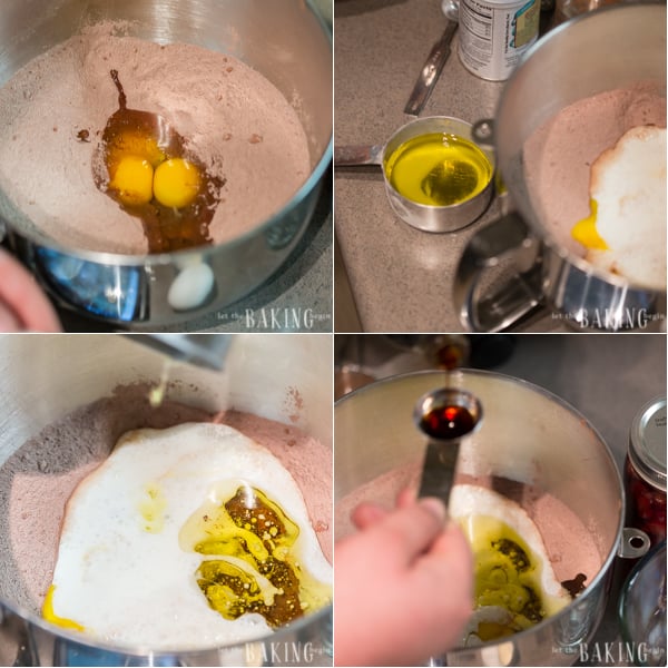 Wet ingredients of eggs and vanilla are added to the dry ingredients. 