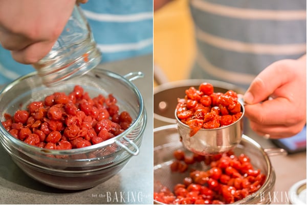 Tart canned cherries drained in a sieve. Canned cherries scooped up with a measuring cup. 