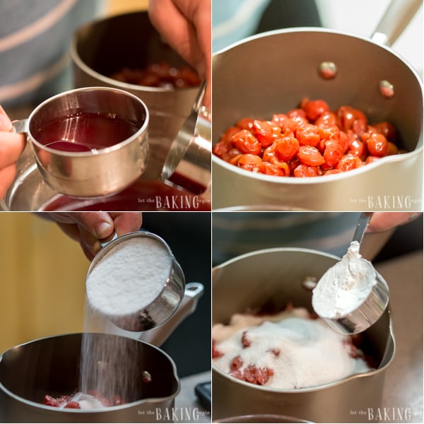 Cherry juice measured in a cup, tart cherries are placed in a pot, sugar and corn starch added to the pot. 