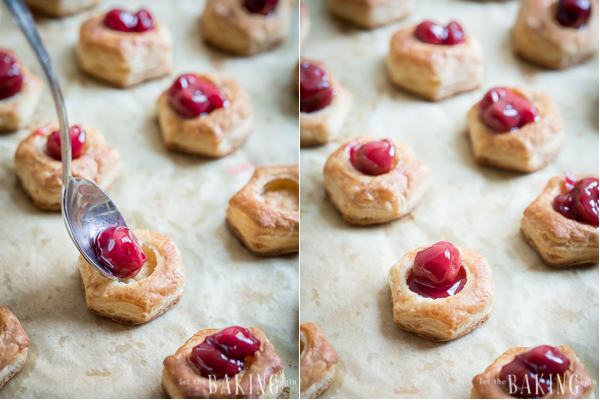 Top the puff pastry shells with the canned cherries. 