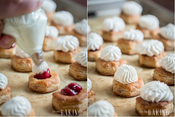 How to top the pastry shells with whipped cream and make an indent for the cherries.