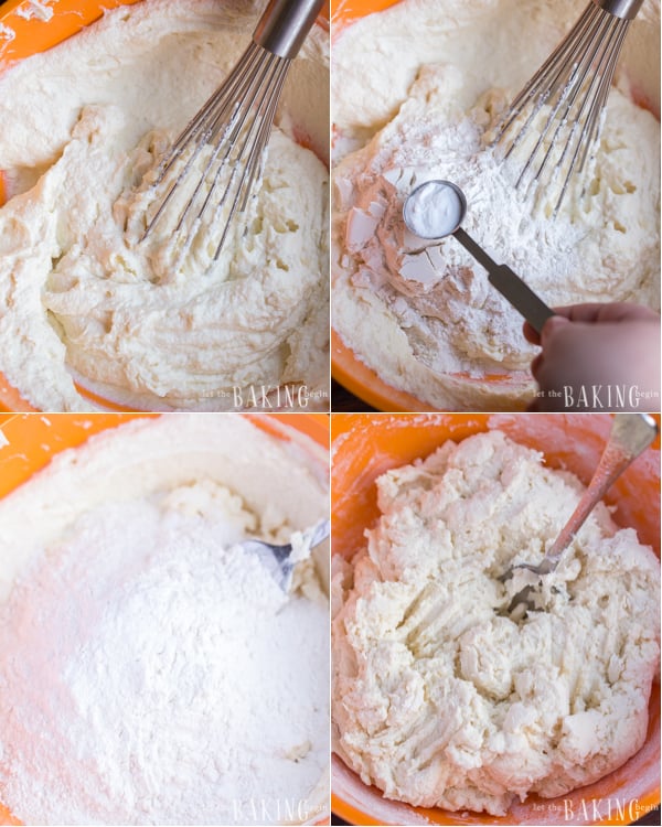 How to add flour and baking soda and mixing with a large fork.