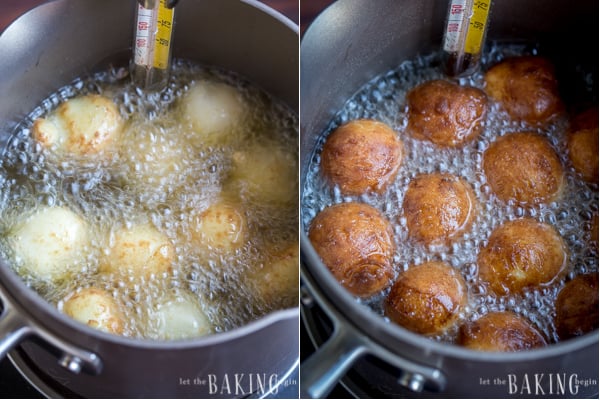 How to fry doughnuts in a dutch oven with oil, and turn over to fully cook doughnut balls.