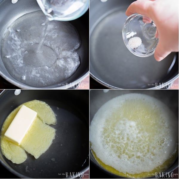 How to combine water, butter, and salt in a saucepan.