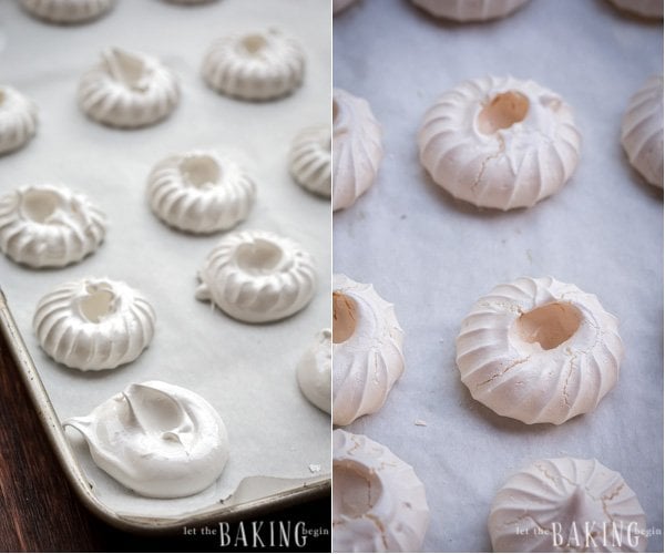 How to bake prepared meringue dessert on a baking sheet lined pan.