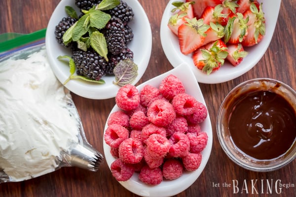 Bowl of raspberries, blackberries, strawberries, chocolate ganache, and bag with vanilla whipped cream. 