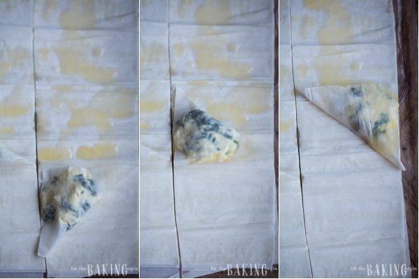How to fold the spanakopita triangles with melted butter and phyllo dough sheets. 